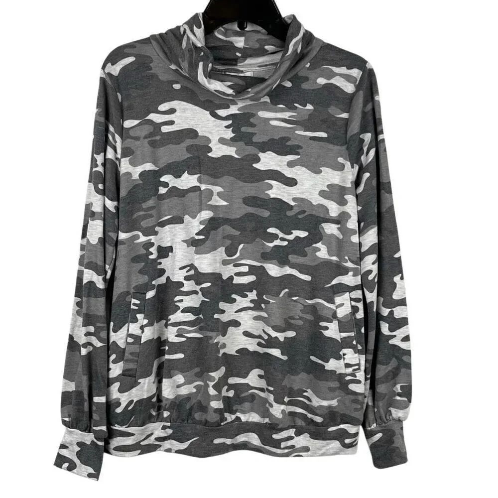 New Directions Gray Camouflage Cowl Neck Sweatshirt Large